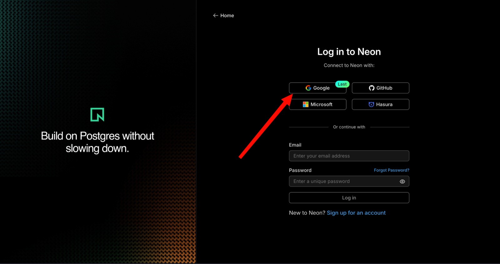 Neon login page — pilih Google